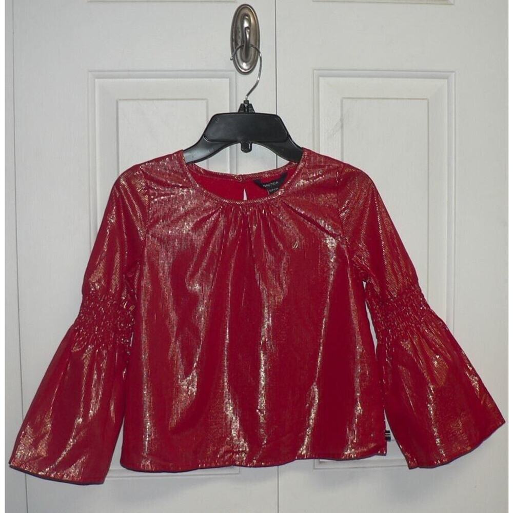 Nautica Girls Smocked Bell Sleeve‎ Blouse Cherry Red Gold Metallic Stripe 7 $40